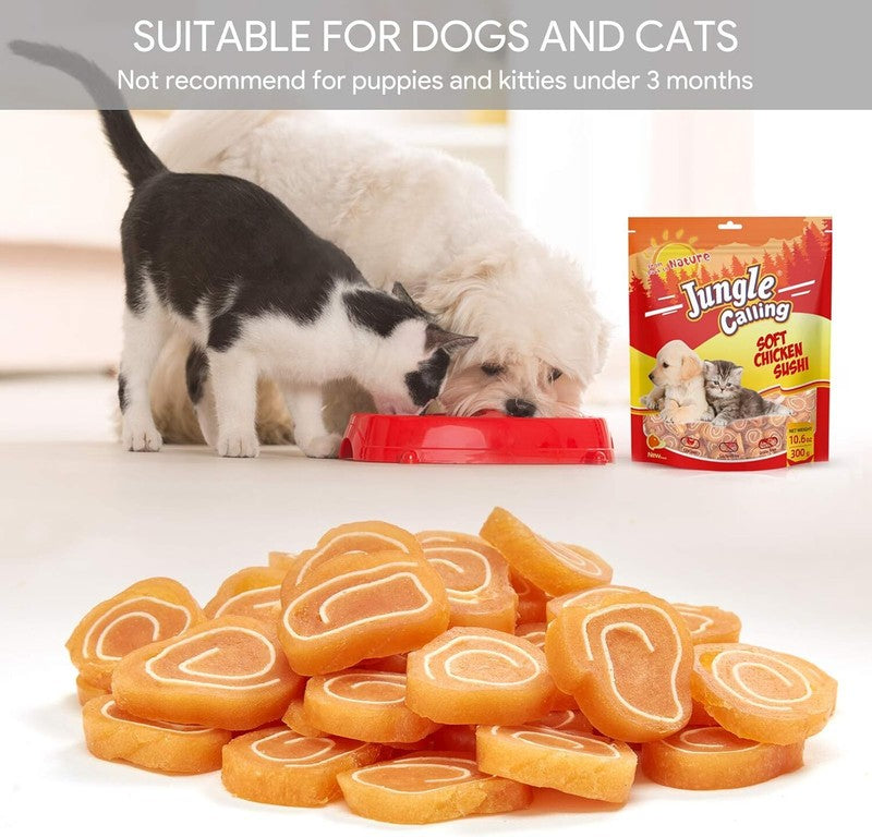Jungle Calling Soft Chicken & Codfish Cat & Dog Treats, High Protein Pet Snacks for Small & Medium Dogs & Cats, Chewy Chicken Sushi Dog Training Treats, 10.6 oz : Pet Supplies