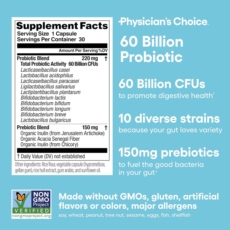 Physician's Choice Probiotics 60 Billion CFU - 10 Strains + Organic Prebiotics - Immune, Digestive & Gut Health - Supports Occasional Constipation, Diarrhea, Gas & Bloating - for Women & Men - 30ct : Health & Household