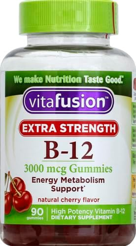 vitafusion Extra Strength Vitamin B12 Gummy Vitamins for Energy Metabolism Support and Nervous System Health Support, Cherry Flavored, America’s Number 1 Gummy Vitamin Brand, 45 Day Supply, 90 Count : Health & Household