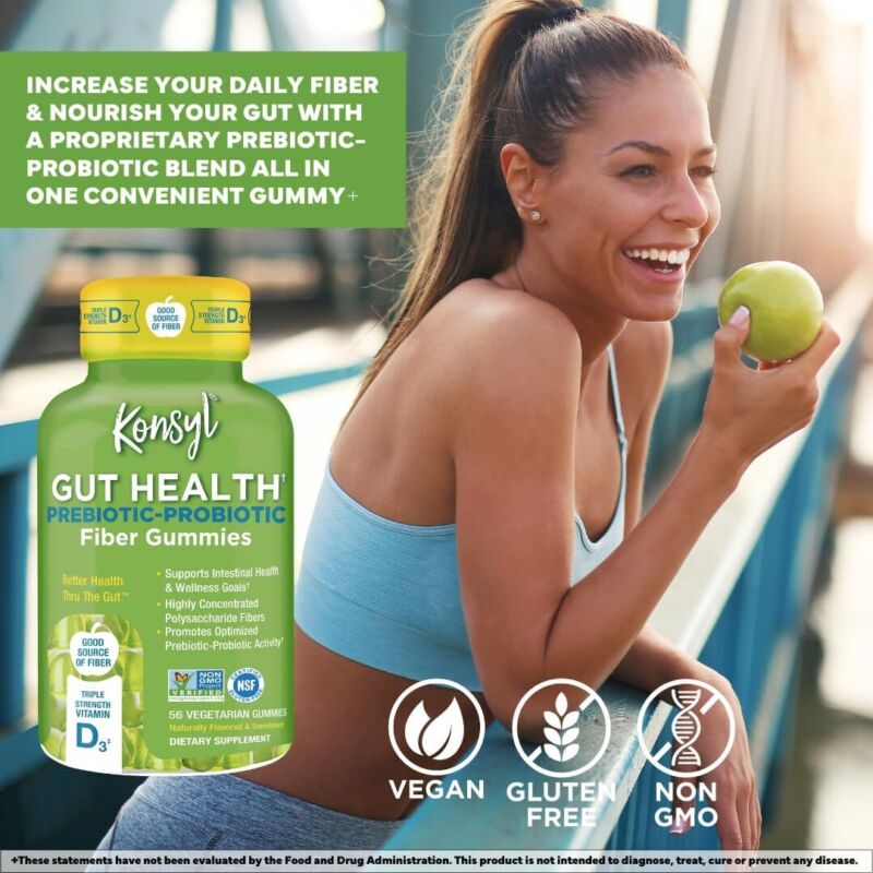 Konsyl Gut Health Prebiotic Probiotic Fiber Gummies Digestive Support 56 Ct