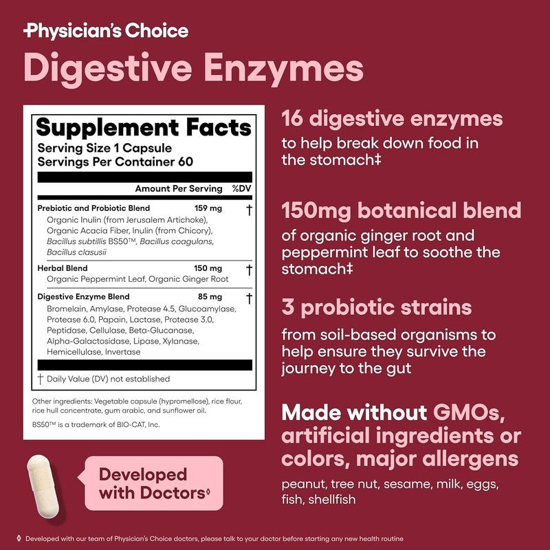 Physician's CHOICE Digestive Enzymes - Multi Enzymes, Organic Prebiotics & Probiotics for Digestive Health & Gut Health - Meal Time Discomfort Relief & Bloating - Dual Action Approach - 60 CT : Health & Household