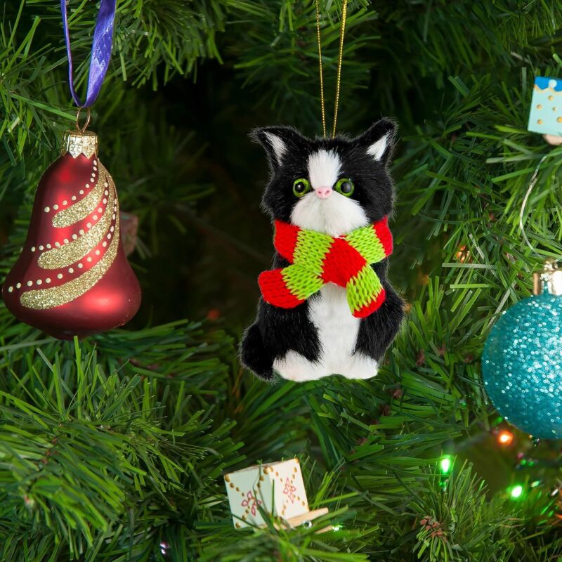 Ornativity Christmas Mini Cat Ornament - Furry Black Kitty Kitten with Scarf Xmas Holiday Tree Hanging Decoration 3" : Home & Kitchen