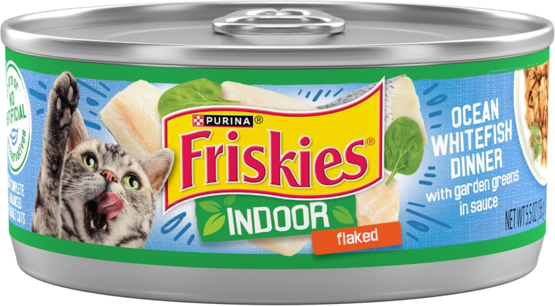 Purina Friskies Indoor Cat Food Flaked Ocean Whitefish Dinner With Garden Greens in Sauce - (Pack of 24) 5.5 oz. Cans : Canned Wet Pet Food : Pet Supplies