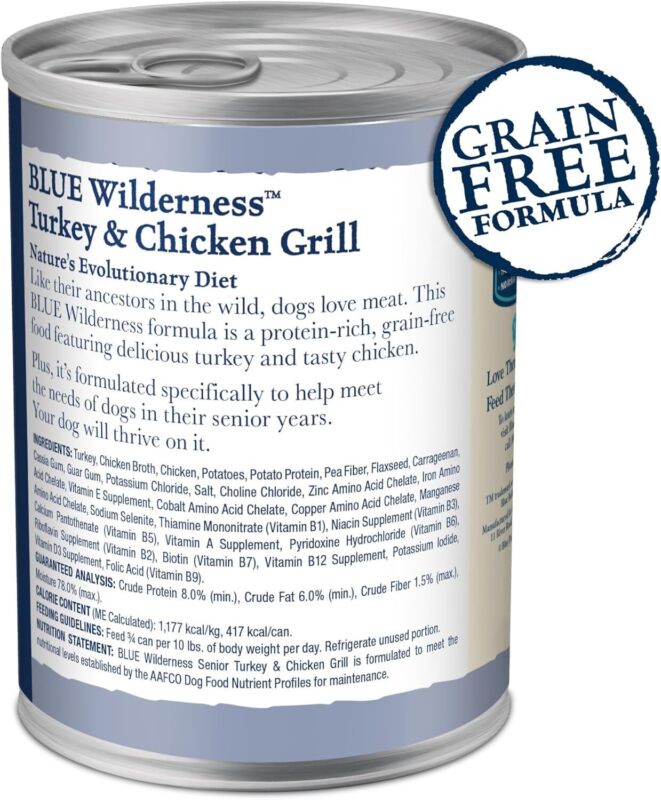 Blue Buffalo Wilderness Natural High Protein Wet Food for Senior Dogs, Turkey & Chicken, 12.5-oz Cans, 12-Count