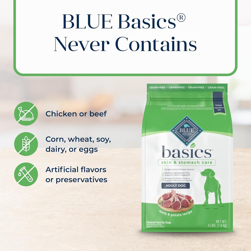 Blue Buffalo Basics Adult Grain-Free Dry Dog Food for Skin & Stomach Care, Limited Ingredient Diet, Made in the USA with Natural Ingredients, Lamb & Potato Recipe, 4-lb. Bag : Pet Supplies