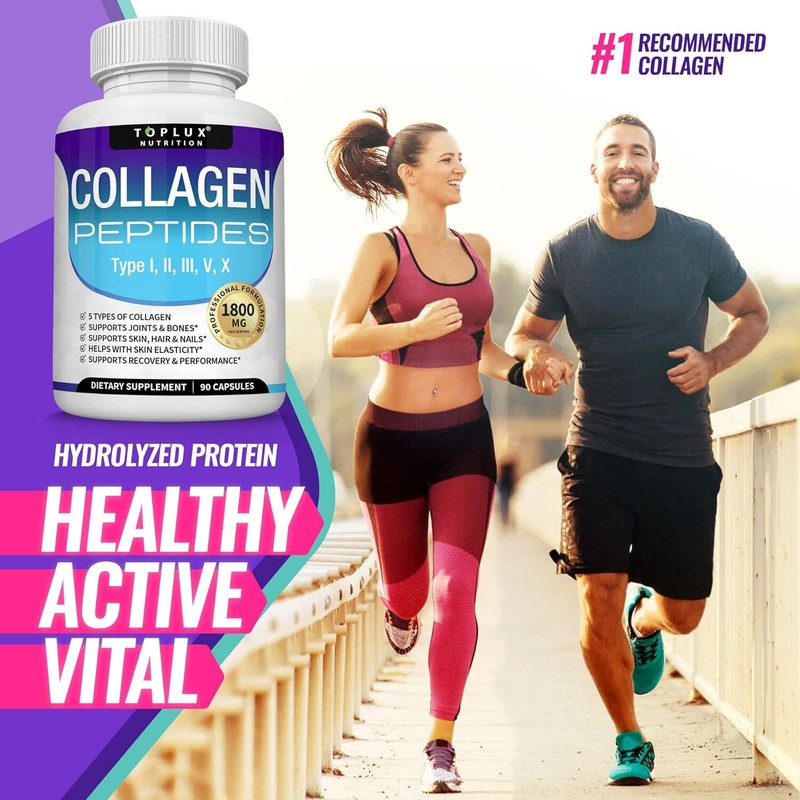 Toplux Multi Collagen Peptides Pills 1800 Mg Complex - Type I, II, III, V, X Premium Collagen Complex for Better Skin & Hair, Strong Joint, Hydrolyzed Protein, for Men Women, 90 Capsules, Supplement : Health & Household