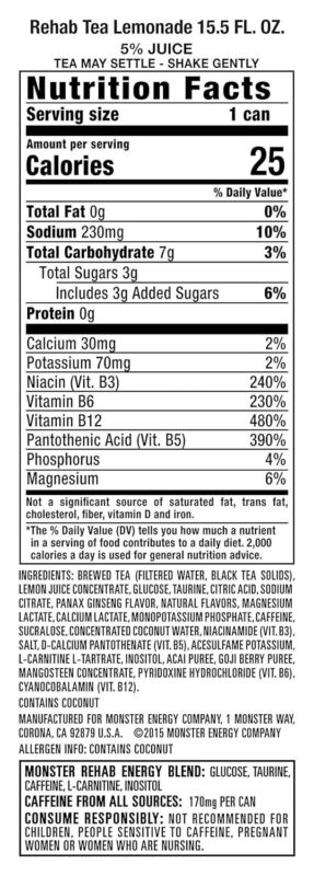 Monster Energy Rehab Tea + Lemonade + Energy, Energy Iced Tea, Energy Drink 15.5 Ounce (Pack of 15) : Grocery & Gourmet Food