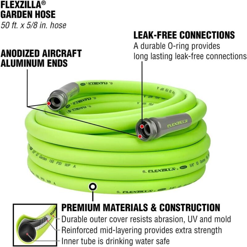 Flexzilla Garden Hose 5/8 in. x 50 ft, Heavy Duty, Lightweight, Durable, ZillaGreen - HFZG550YW-E : Air Tool Hose Reels : Patio, Lawn & Garden