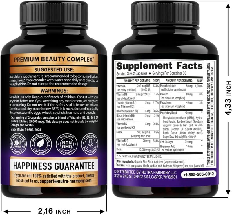 Biotin | Collagen | Keratin - Clinically Tested Supplement - Hair Growth Support, Skin & Nails - 25000 mcg Vitamins B2, B3, B6 & B7 + B1 & Hyaluronic Acid - Made in USA - Women & Men | 60 Capsules : Health & Household
