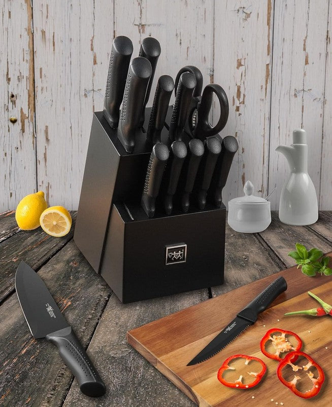 Knife Set, 15 Pcs Kitchen Knife Set with Block Self Sharpening, Dishwasher Safe, 6 Steak Knives, Anti-slip handle, Black: Home & Kitchen