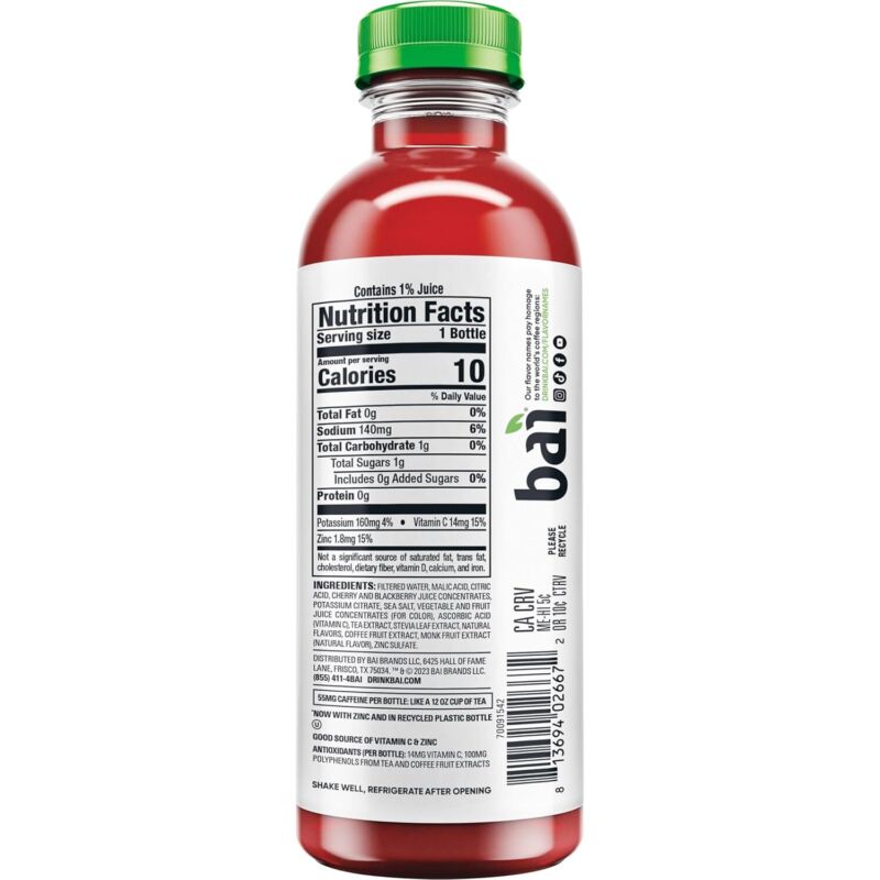 Bai Antioxidant Infused Water Beverage, Zambia Bing Cherry, with Vitamin C and No Artificial Sweeteners, 18 Fluid Ounce Bottle, 12 Pack : Grocery & Gourmet Food