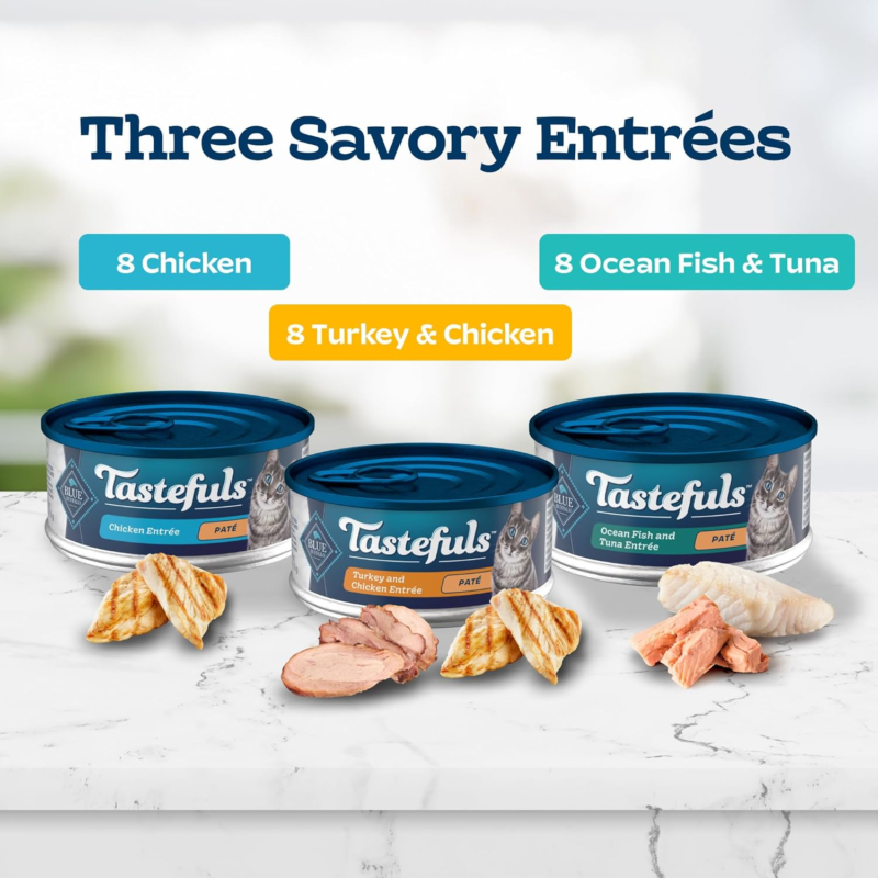 Blue Buffalo Tastefuls Wet Cat Food Paté Variety Pack, Made with Natural Ingredients, Chicken, Turkey & Chicken, Ocean Fish & Tuna Entrées, 5.5-oz Cans (24 Count, 8 of Each)