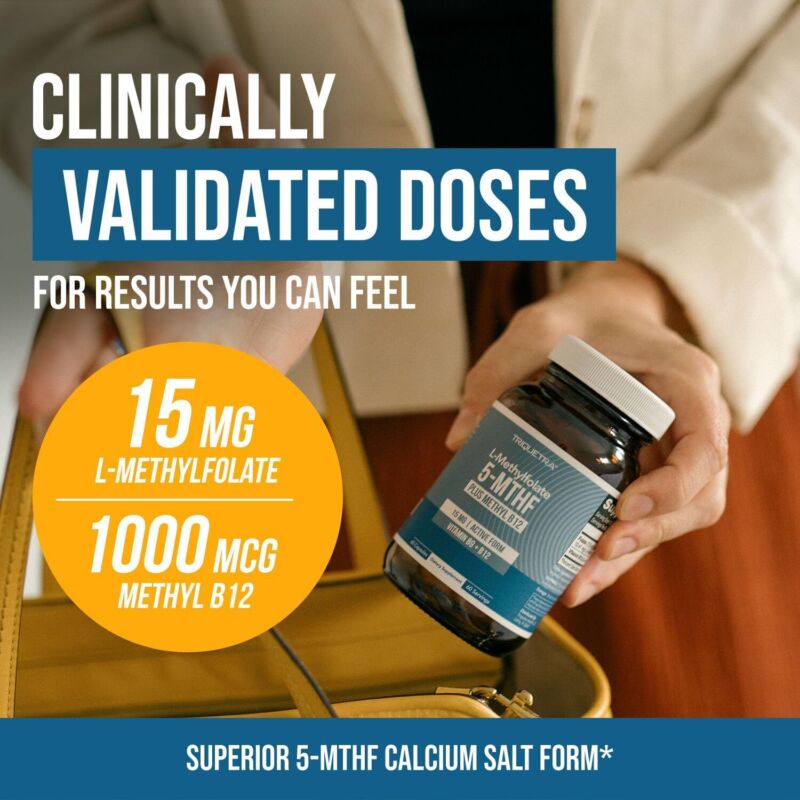 L Methyl Folate 15mg Plus Methyl B12 Cofactor – High Potency, Active 5-MTHF Form - Supports Mood, Methylation, Cognition – Bioactive Forms of Vitamin B9 & B12 (60 Capsules – 60 Servings) : Health & Household