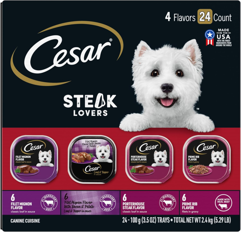 CESAR Adult Soft Wet Dog Food Steak Lovers Variety Pack with Real Meat, (24) 3.5 oz. Trays: Pet Supplies: Amazon.com