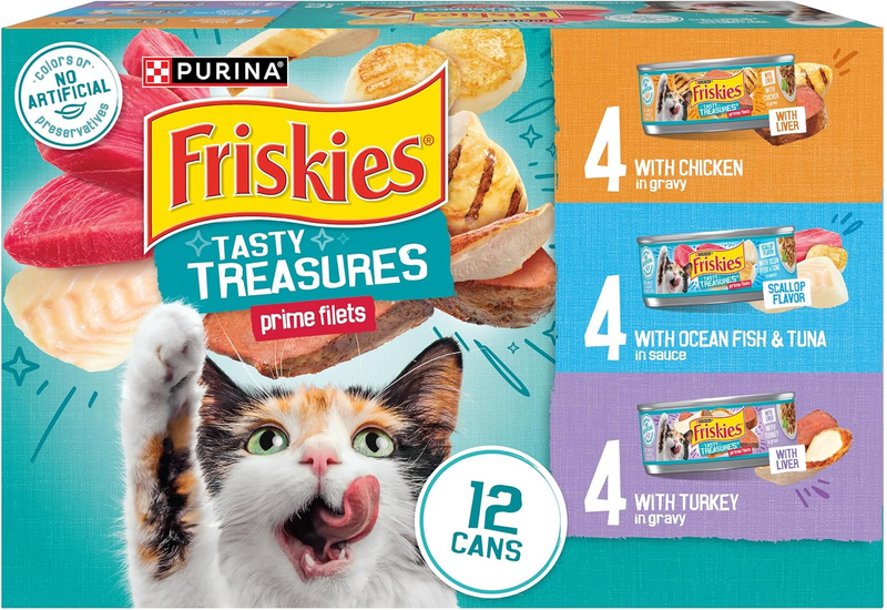 Purina Friskies Wet Cat Food Variety Pack, Tasty Treasures Prime Filets (With Ocean Fish and Tuna, With Chicken and With Turkey) - (Pack of 12) 5.5 oz. Cans : Dry Pet Food : Pet Supplies