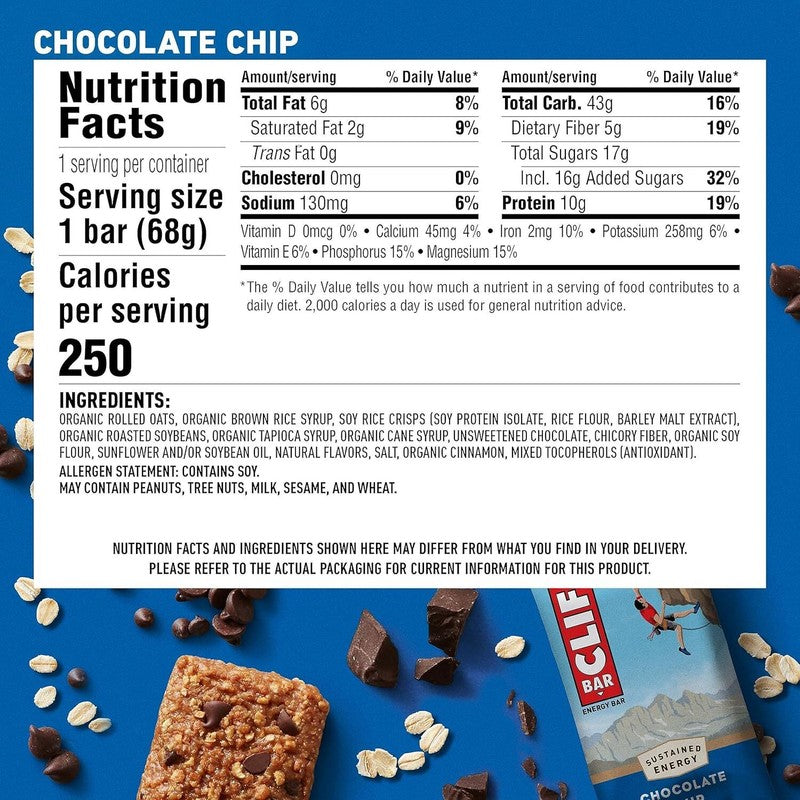 CLIF BAR - Chocolate Chip - Made with Organic Oats - Energy Bars - Non-GMO - Plant Based Protein Bars (15 Pack) : Health & Household