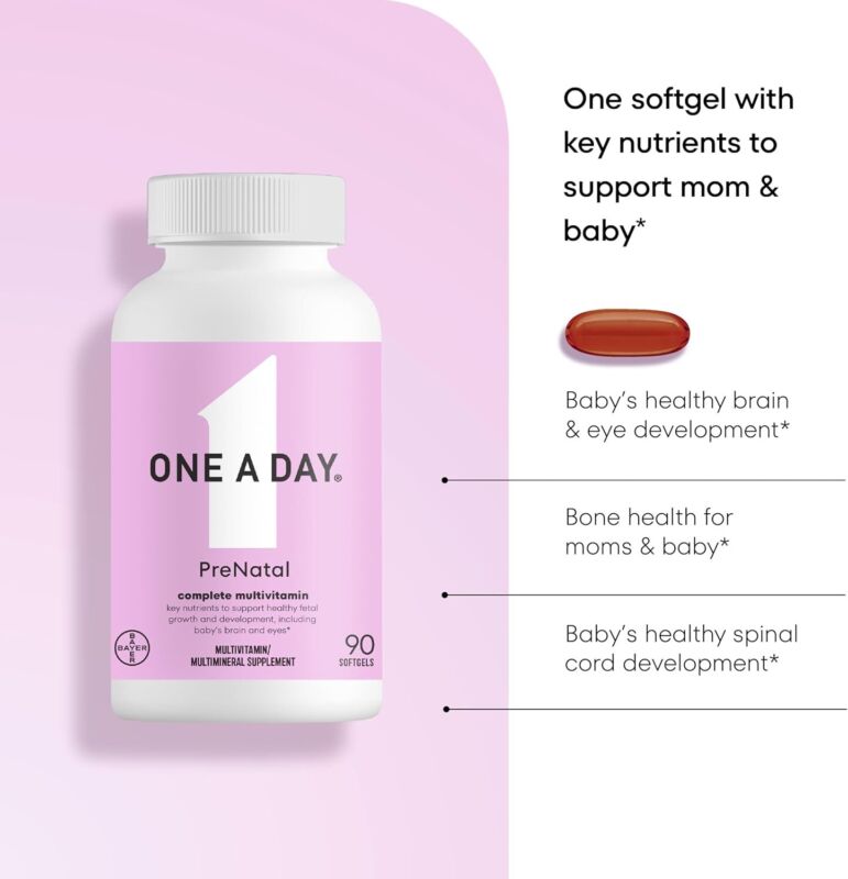 ONE A DAY Women's Prenatal 1 Multivitamin, Supplement for Before, During, and Post Pregnancy, Including Vitamins A, C, D, E, B6, B12, and Omega-3 DHA, 90 Count (Packaging May Vary) : Health & Household