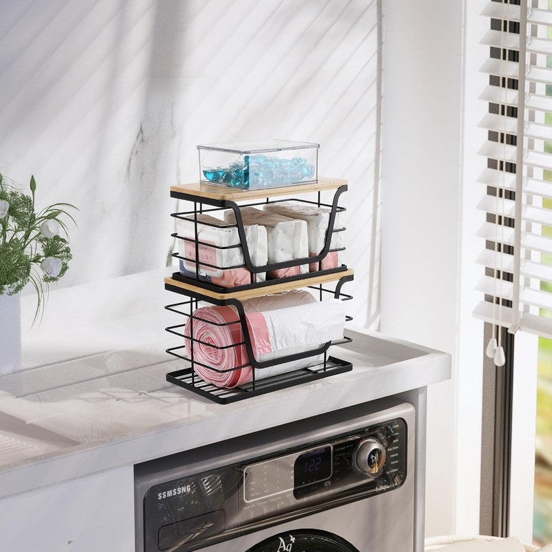 ALOCEO 2 Pack Storage Stackable Kitchen Laundry Organizers with Bamboo Top, Wall Mount Large Trash Bag Holder and Standard Garbage Bag Dispenser: Home & Kitchen