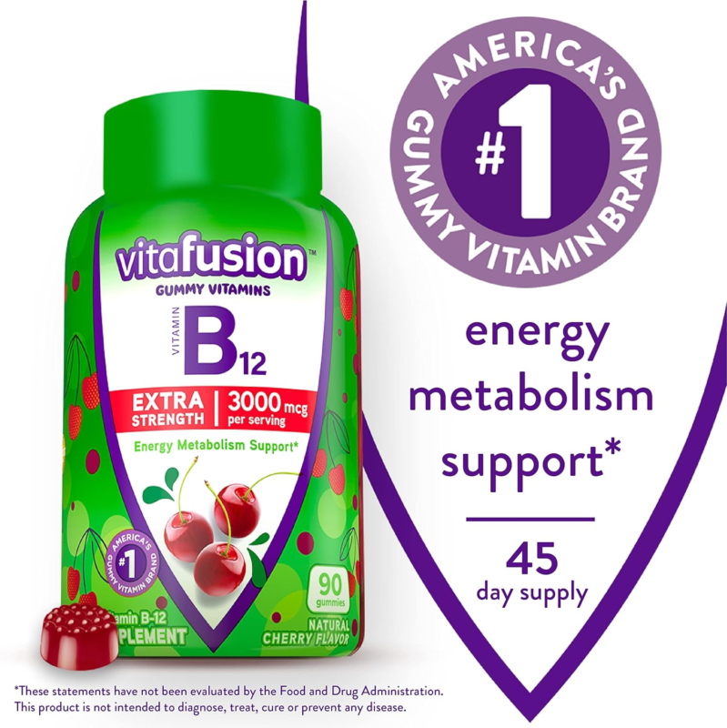 vitafusion Extra Strength Vitamin B12 Gummy Vitamins for Energy Metabolism Support and Nervous System Health Support, Cherry Flavored, America’s Number 1 Gummy Vitamin Brand, 45 Day Supply, 90 Count : Health & Household