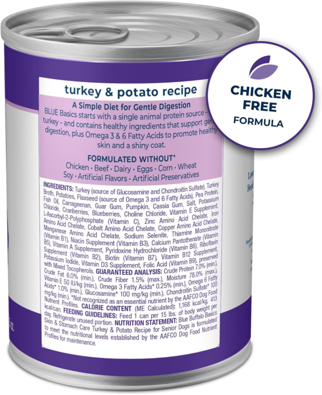 Blue Buffalo Basics Grain-Free Senior Wet Dog Food, Skin & Stomach Care, Limited Ingredient Diet, Turkey Recipe, 12.5-oz. Cans, 12 Count: Pet Supplies: Amazon.com