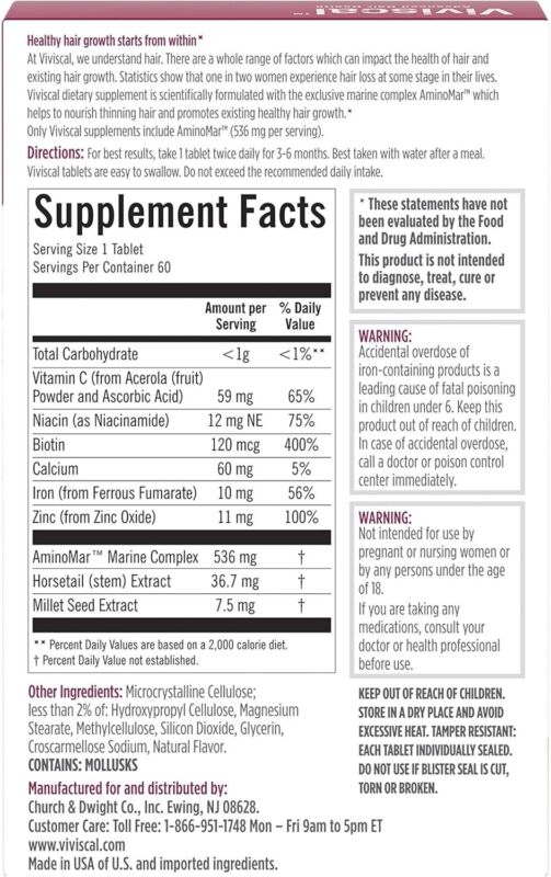 Viviscal Women's Hair Growth Supplement – Nourish Thinning Hair and Increase Hair Thickness – With AminoMar Collagen, Biotin, Zinc, Vitamin C, and Iron – 60 Tablets (30-Day Supply) : Beauty & Personal Care