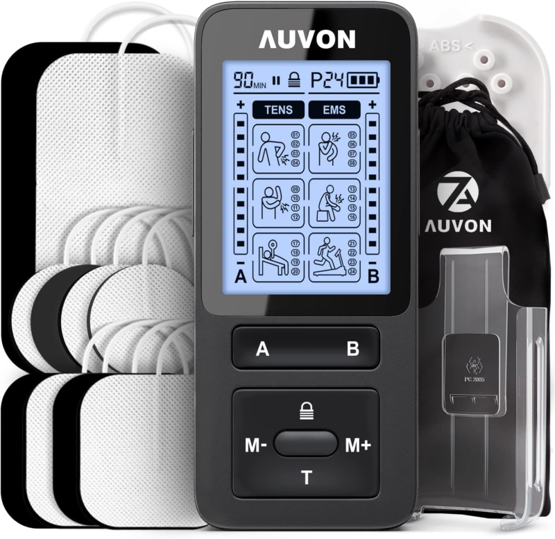 AUVON 24 Modes Dual Channel TENS Unit Muscle Stimulator with 2X Battery Life, Rechargeable TENS Machine for Pain Relief, Belt Clip, Continuous Time Setting, Portable Bag, Cable Ties, 10 Electrode Pads : Health & Household