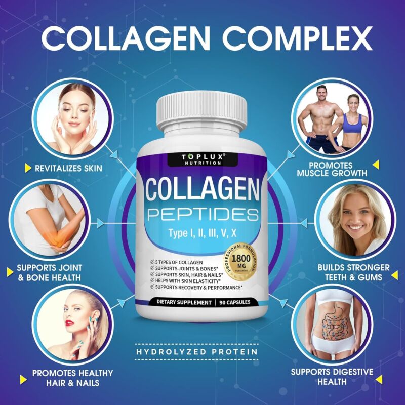 Toplux Multi Collagen Peptides Pills 1800 Mg Complex - Type I, II, III, V, X Premium Collagen Complex for Better Skin & Hair, Strong Joint, Hydrolyzed Protein, for Men Women, 90 Capsules, Supplement : Health & Household