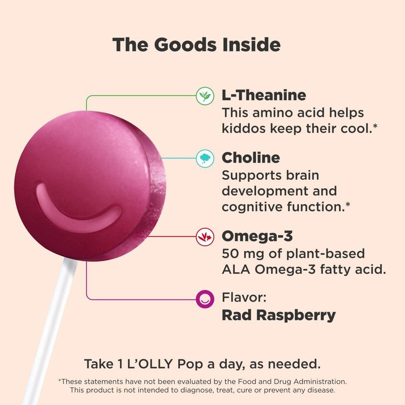 OLLY Mellow Buddies L’OLLY Pops, Omega-3 ALA, L-Theanine, Choline, Kids Dietary Supplement Lollipops, Supports a Calm Mood & Healthy Brain Function, Vegetarian, Raspberry Flavored, 25 Count : Health & Household