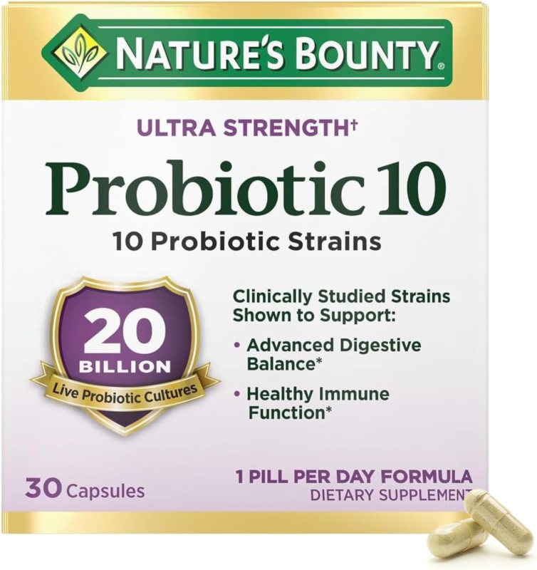 Nature's Bounty Probiotic 10 Daily Probiotic Supplement for Digestive, Immune, and Upper Respiratory Support, Ultra Strength, 30 Capsules 1 Pack : Health & Household