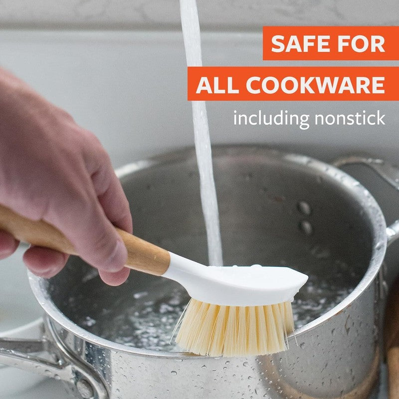 Full Circle Be Good Bamboo Handle Dish Brush – Sustainable Kitchen Cleaning with Tough Bristles - Natural Dish Scrubber & Cast Iron Cleaner - Long Handle Brush for Dishes, Pots, and Pans, White : Home & Kitchen