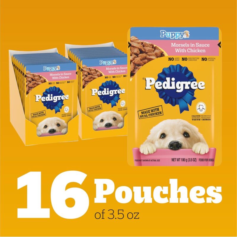 Pedigree Puppy Wet Dog Food Morsels in Sauce With Chicken, 3.5 oz. Pouches, 16 Pack