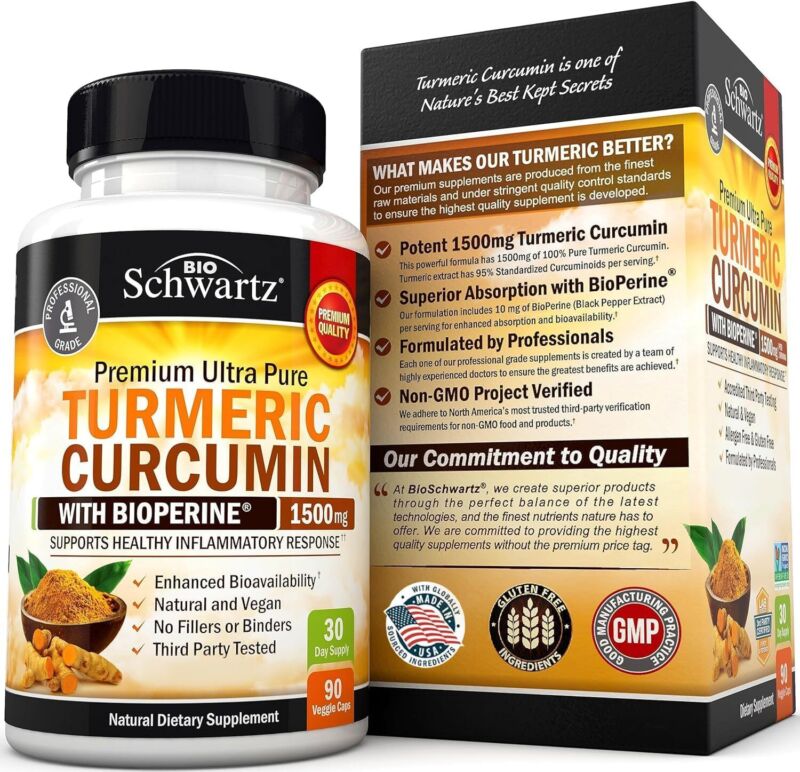 Turmeric Curcumin with Black Pepper Extract 1500mg - High Absorption Ultra Potent Turmeric Supplement with 95% Curcuminoids and BioPerine - Non GMO Tumeric Capsules for Joint Support - 90 Capsules : Health & Household