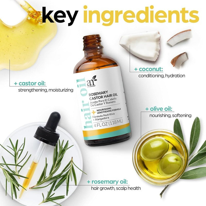 ArtNaturals Organic Rosemary & Castor Hair Growth Oil + Scalp Massager Set – Hair Styling Oils for Dry, Itchy Scalp, Thickening & Hydration - Scalp Oil Products For Damaged Hair & Split Ends – 4.0 oz : Beauty & Personal Care