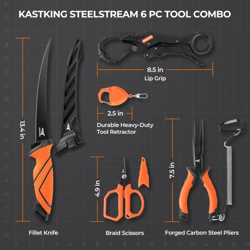 KastKing SteelStream 6pc Fishing Tool Kit - Corrosion Resistant Fishing Pliers with Lanyard, Fillet Knife, Floating Fish Lip Gripper, Fishing Braid Scissors, Tool Retractor, Fishing Gifts for Men : Sports & Outdoors