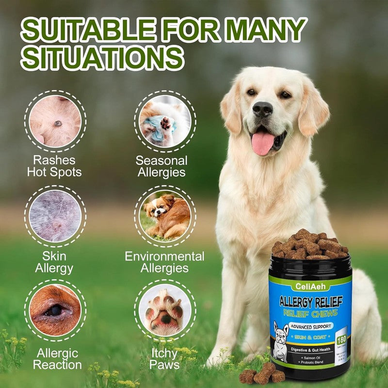 Dog Allergy Itch Relief Chews Anti Itch Immune Treats with Probiotics and Colostrum for Dry Skin Licking Seasonal Allergies Skin & Coat Supplement, Immunity Omega 3 6 9 Fish Salmon Oil : Pet Supplies