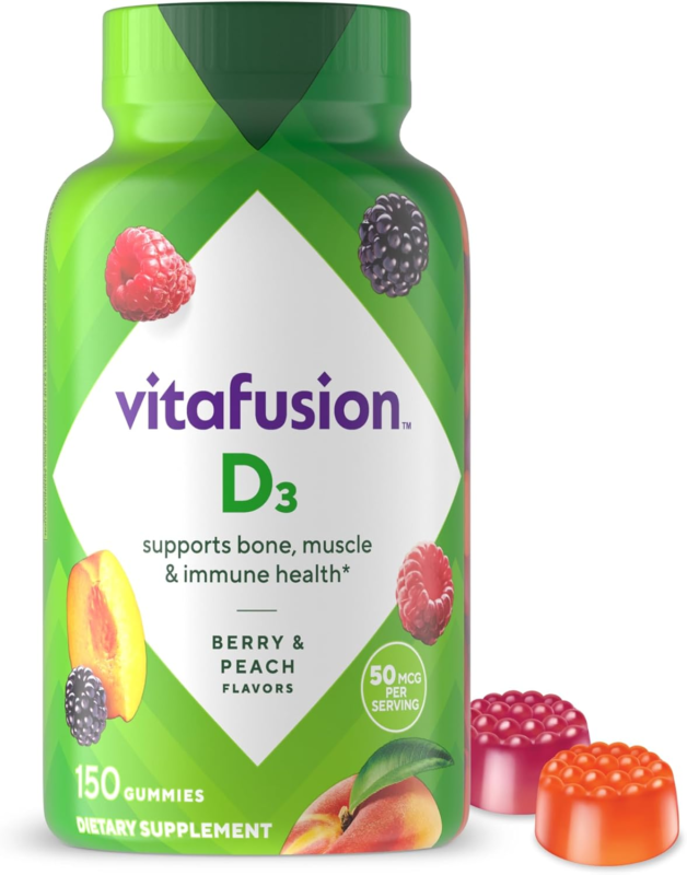 Vitafusion Vitamin D3 Gummy Vitamins for Bone and Immune System Support, Peach, Blackberry and Strawberry Flavored, 50 mcg Vitamin D, America’s Number 1 Gummy Vitamin Brand, 75 Day Supply, 150 Count : Health & Household