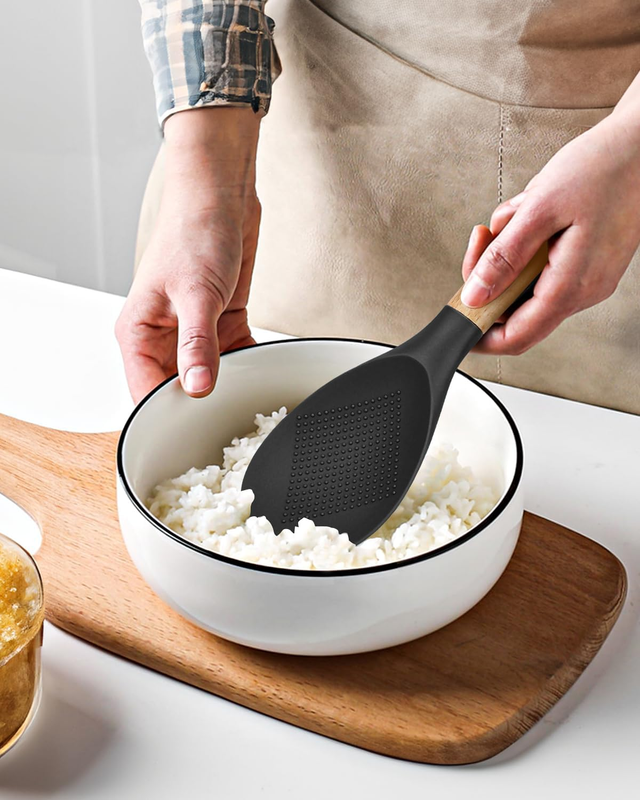 Cooking Spoon and Rice Scooper for Nonstick Cookwares, Great for Cooking and Serving Sturdy BPA-Free Matte Silicone, Wood Handle Spoon for Mixing, Scoop, and Scrape (Black): Home & Kitchen