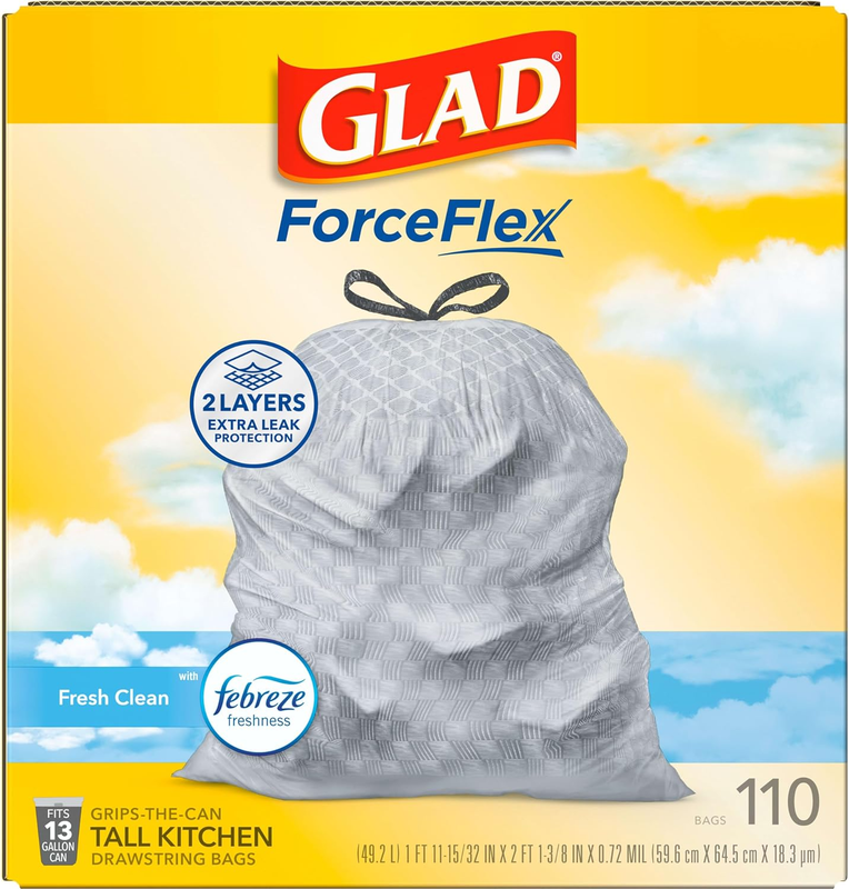 Glad Tall Kitchen Drawstring Trash Bags - Odorshield 13 Gallon White Trash Bag, Febreze Fresh Clean, 110 Count : Health & Household