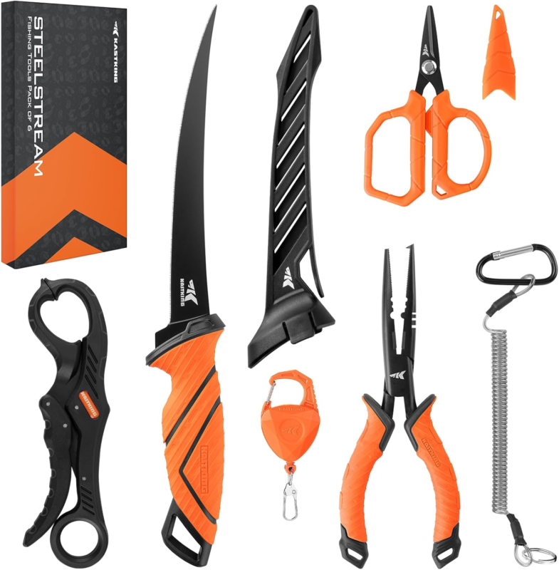 KastKing SteelStream 6pc Fishing Tool Kit - Corrosion Resistant Fishing Pliers with Lanyard, Fillet Knife, Floating Fish Lip Gripper, Fishing Braid Scissors, Tool Retractor, Fishing Gifts for Men : Sports & Outdoors