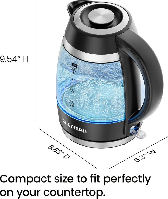Chefman Electric Kettle, 1.8L 1500W, Hot Water Boiler, Removable Lid for Easy Cleaning, Auto Shut Off, Boil-Dry Protection, Stainless Steel Filter, BPA Free, Borosilicate Glass Electric Tea Kettle: Home & Kitchen