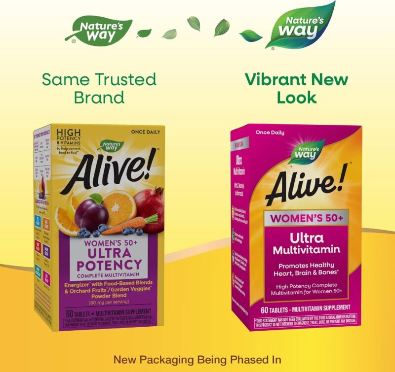 Nature’s Way Alive! Women’s 50+ Ultra Potency Complete Multivitamin, High Potency Formula, Promotes Healthy Heart, Brain, Bones*, with Methylated B12, Gluten-Free, 60 Tablets (Packaging May Vary) : Health & Household