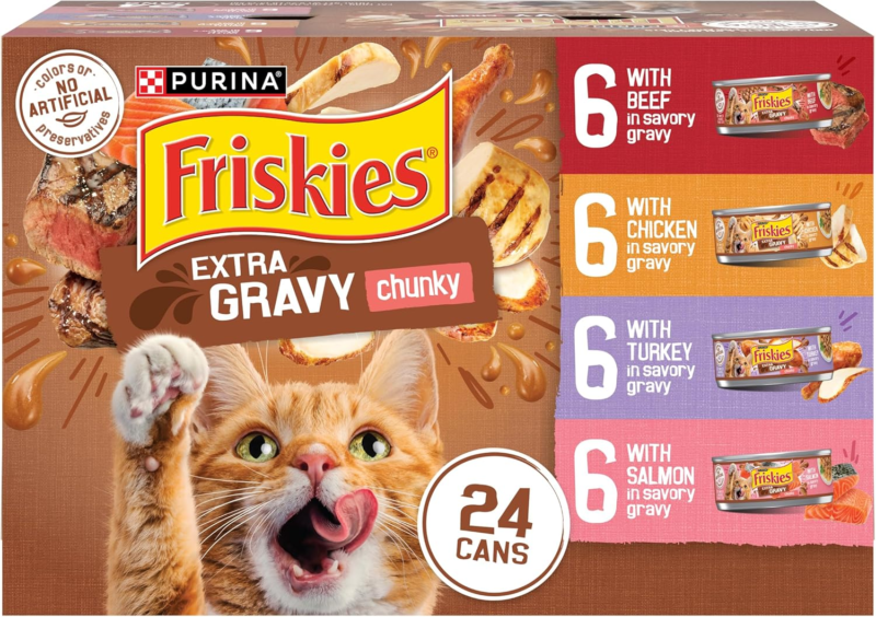 Purina Friskies Extra Gravy Wet Cat Food Chunky 24ct Variety Pack (With Chicken, Turkey, Salmon, Beef) - (Pack of 24) 5.5 oz. Cans : Pet Supplies