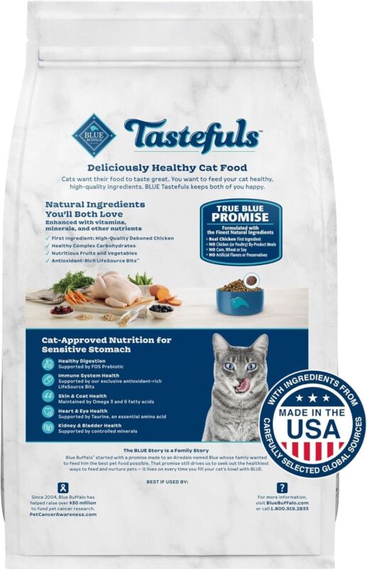 Blue Buffalo Tastefuls Natural Dry Food for Adult Cats, Sensitive Stomach, Chicken & Brown Rice Recipe, 15-lb Bag