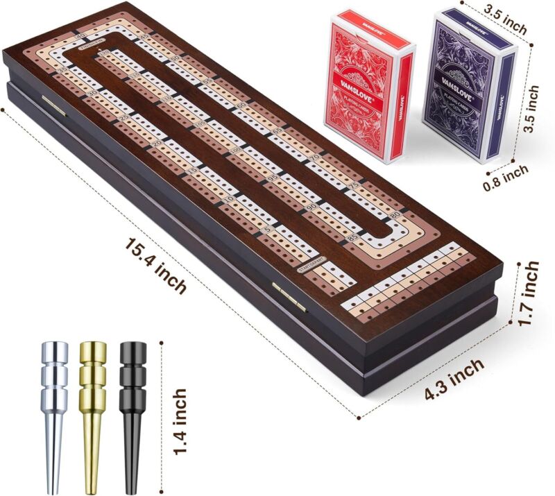 VAMSLOVE Wooden Cribbage Board Game Magnetic 3-Track Scoreboard with Large Slots for Storing 2 Playing Cards and 9 Metal Pegs, Travel Family Game Night (Instruction Included : Toys & Games