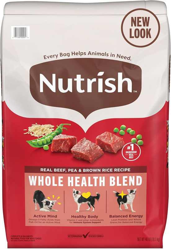 Nutrish Dry Dog Food, Real Beef, Pea & Brown Rice Recipe Whole Health Blend for Adult Dogs, 40 lb. Bag, Packaging May Vary (Formerly Rachael Ray)