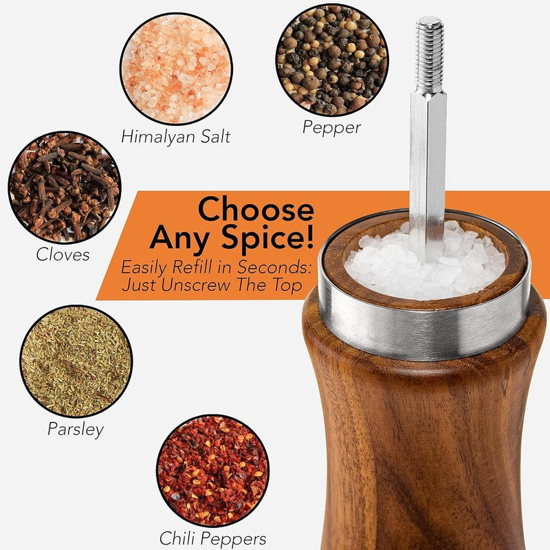 Gennua Kitchen Wooden Salt and Pepper Grinder Set: Refillable Salt & Pepper Mills Adjust for Customized Coarseness, Crafted of Solid Acacia Wood with Ceramic/Stainless Steel Core, 8 Inches Each: Home & Kitchen