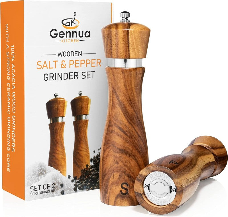 Gennua Kitchen Wooden Salt and Pepper Grinder Set: Refillable Salt & Pepper Mills Adjust for Customized Coarseness, Crafted of Solid Acacia Wood with Ceramic/Stainless Steel Core, 8 Inches Each: Home & Kitchen