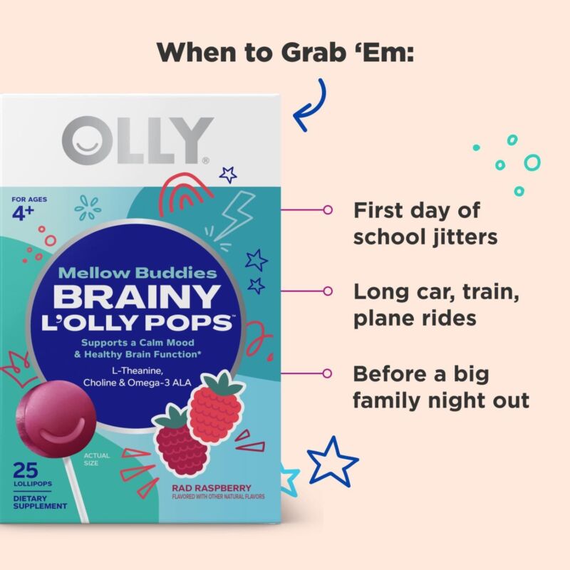 OLLY Mellow Buddies L’OLLY Pops, Omega-3 ALA, L-Theanine, Choline, Kids Dietary Supplement Lollipops, Supports a Calm Mood & Healthy Brain Function, Vegetarian, Raspberry Flavored, 25 Count : Health & Household