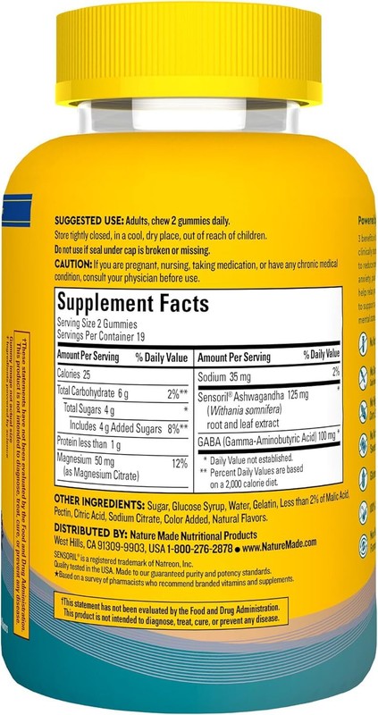 Nature Made Wellblends Calm Mind & Body, Magnesium Citrate, Ashwagandha 125mg & GABA 100mg Blend for Stress Relief, 38 Gummy Vitamins : Health & Household