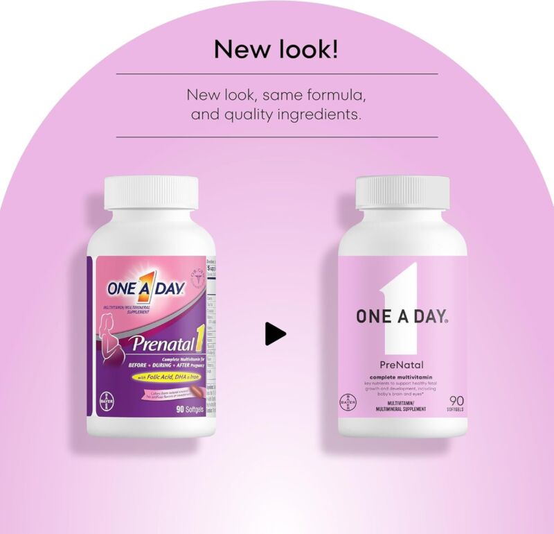 ONE A DAY Women's Prenatal 1 Multivitamin, Supplement for Before, During, and Post Pregnancy, Including Vitamins A, C, D, E, B6, B12, and Omega-3 DHA, 90 Count (Packaging May Vary) : Health & Household